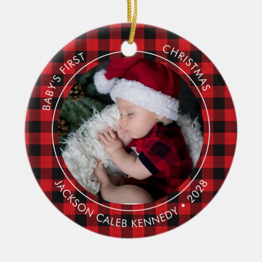 Baby's First Christmas Kariert 2 Foto Ornament (Vorne)