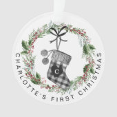 Baby's First Christmas Kariert Strumpf Wreath Foto Ornament (Vorderseite)