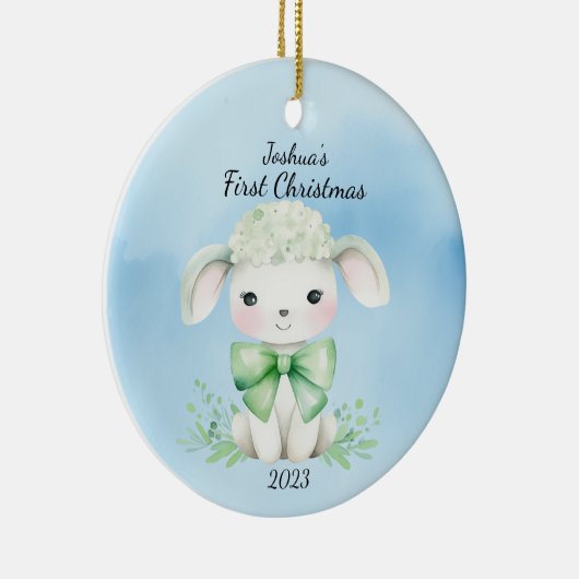 Baby's First Christmas Lamb Blue Personalisiert Keramik Ornament (Rechts)