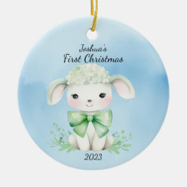 Baby's First Christmas Lamb Blue Personalisiert Keramik Ornament