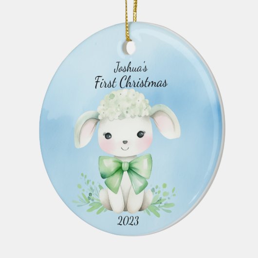 Baby's First Christmas Lamb Blue Personalisiert Keramik Ornament (Links)