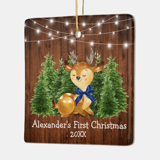Baby's First Christmas Lights Deer Blue Bow Keramikornament (Links)