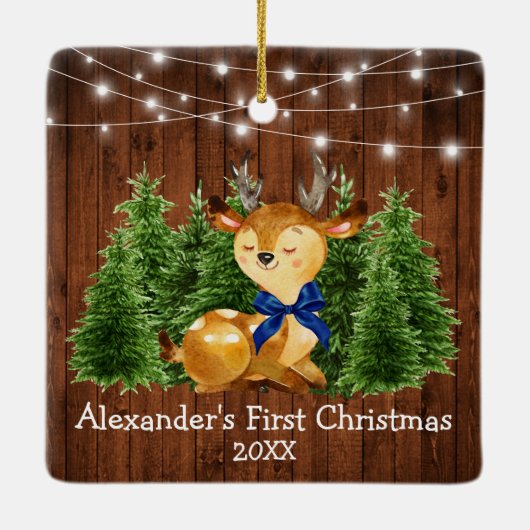 Baby's First Christmas Lights Deer Blue Bow Keramikornament (Rückseite)