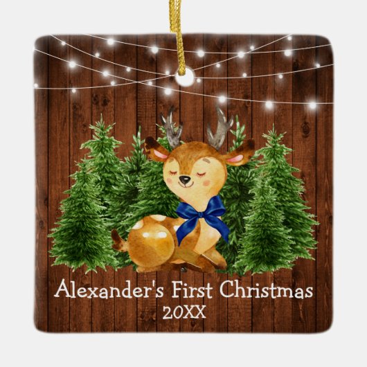 Baby's First Christmas Lights Deer Blue Bow Keramikornament (Vorderseite)