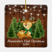 Baby's First Christmas Lights Deer Green Bow Keramikornament (Rückseite)