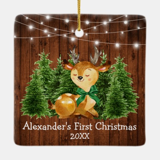 Baby's First Christmas Lights Deer Green Bow Keramikornament (Rückseite)