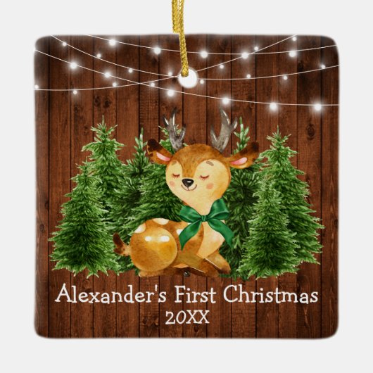 Baby's First Christmas Lights Deer Green Bow Keramikornament (Vorderseite)