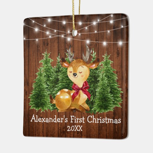 Baby's First Christmas Lights Deer Red Bow Keramikornament (Links)