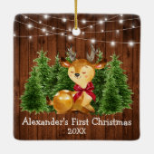 Baby's First Christmas Lights Deer Red Bow Keramikornament (Rückseite)