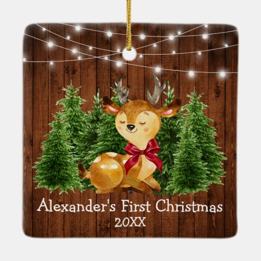 Baby's First Christmas Lights Deer Red Bow Keramikornament (Rückseite)