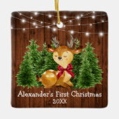Baby's First Christmas Lights Deer Red Bow Keramikornament (Vorderseite)