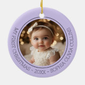 Baby's First Christmas Lila Modern Foto Neuborn Keramik Ornament (Hinten)