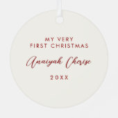 Baby's First Christmas Minimal Red Bow Foto Ornament Aus Metall (Rückseite)