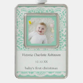 Baby's First Christmas Mint Green Lace Photo Rahmen-Ornament Silber (Vorderseite)