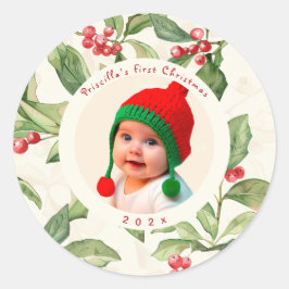 Baby's First Christmas Mistletoe Foto Runder Aufkleber