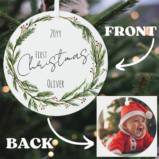 Baby's First Christmas Mistletoe Wreath and Foto Ornament Aus Metall