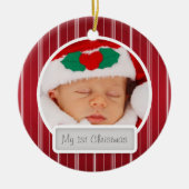 Baby's First Christmas Mod Stripes Pattern Red Keramikornament (Vorne)