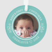 Baby's First Christmas Modern 2 Foto Aquamarin Ornament (Rückseite)
