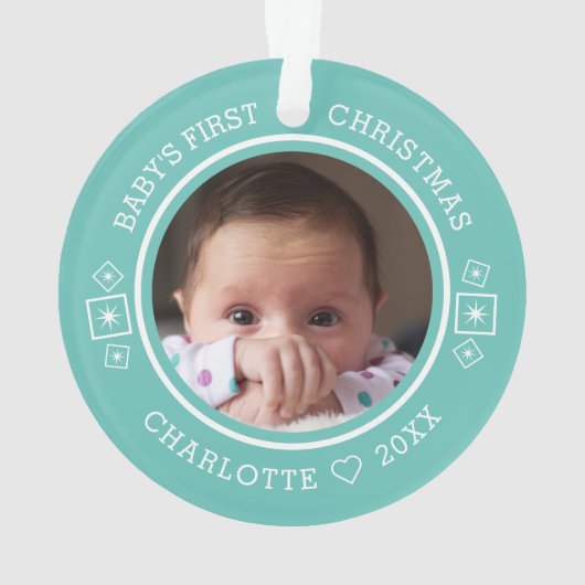 Baby's First Christmas Modern 2 Foto Aquamarin Ornament (Rückseite)
