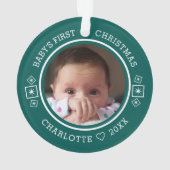 Baby's First Christmas Modern 2 Foto Green Ornament (Rückseite)