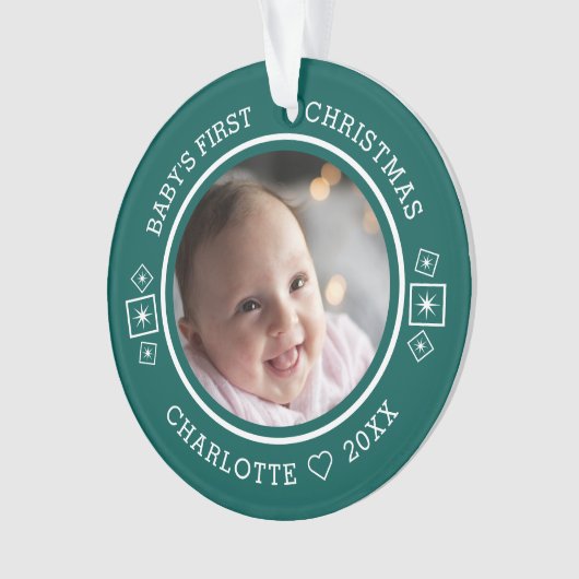 Baby's First Christmas Modern 2 Foto Green Ornament (Vorderseite)