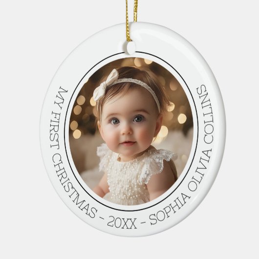Baby's First Christmas Modern 2 Foto Neugeborener Keramik Ornament (Links)
