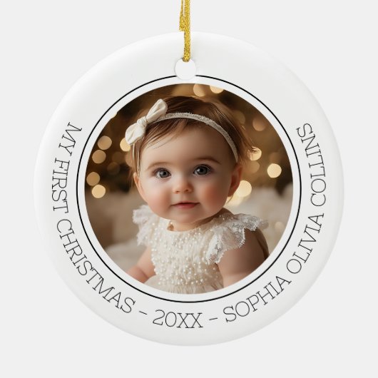 Baby's First Christmas Modern 2 Foto Neugeborener Keramik Ornament (Hinten)