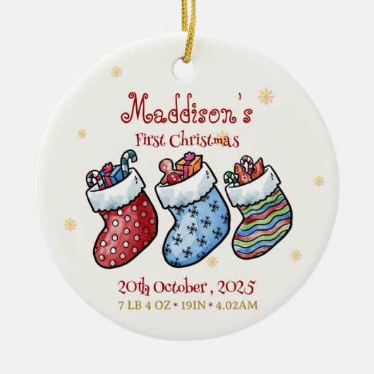 Baby's First Christmas Name & Birth Stats Keepake Keramik Ornament (Vorne)
