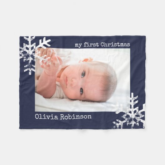 Baby's First Christmas Navy Blue Foto Snowflakes Fleecedecke (Vorderseite (Horizontal))