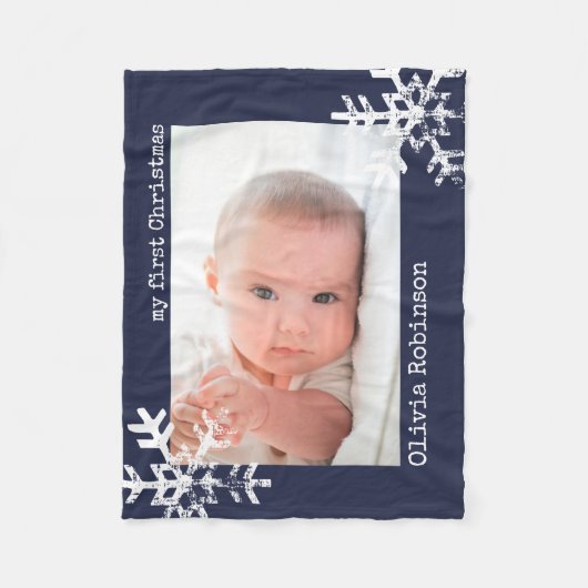 Baby's First Christmas Navy Blue Foto Snowflakes Fleecedecke (Vorderseite)