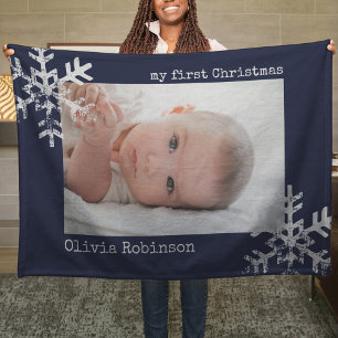 Baby's First Christmas Navy Blue Foto Snowflakes Fleecedecke