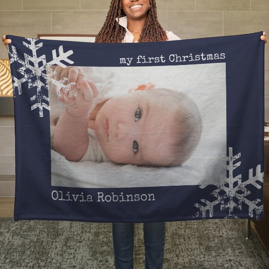 Baby's First Christmas Navy Blue Foto Snowflakes Fleecedecke