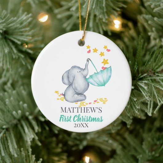 Baby's First Christmas Niedlich Elephant and Stars Keramik Ornament (Baum)