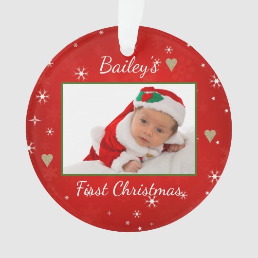 Baby's First Christmas Niedlich Foto Red Heart Ornament (Vorderseite)