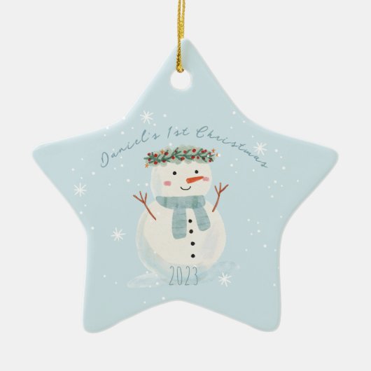 Baby's First Christmas Niedlich Snowman and Snowfl Keramik Ornament (Vorne)