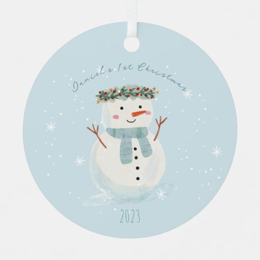 Baby's First Christmas Niedlich Snowman and Snowfl Ornament Aus Metall (Vorderseite)
