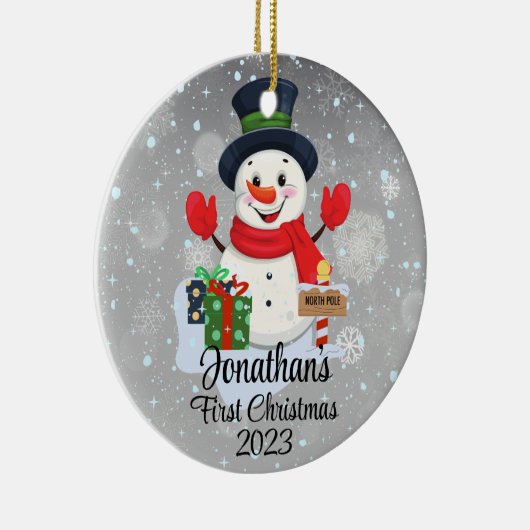 Baby's First Christmas niedlicher Schneemann schwa Keramik Ornament (Rechts)