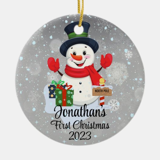 Baby's First Christmas niedlicher Schneemann schwa Keramik Ornament (Vorne)