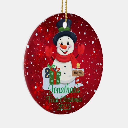 Baby's First Christmas niedlicher Schneemann schwa Keramik Ornament (Rechts)