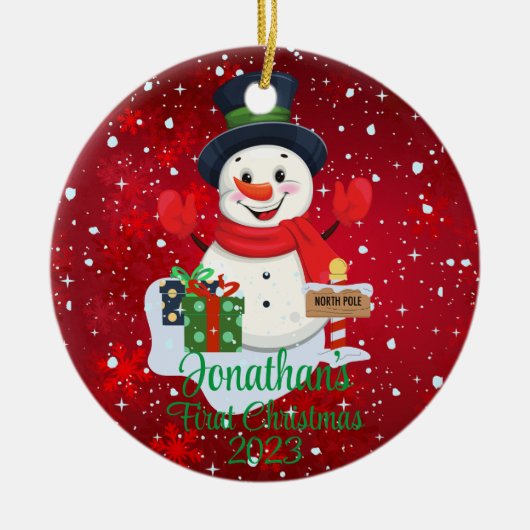 Baby's First Christmas niedlicher Schneemann schwa Keramik Ornament (Vorne)
