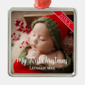 Baby's First Christmas Personalisiertes Foto Keepa Ornament Aus Metall (Vorne)