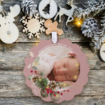 Baby's First Christmas Photo Keepsake Ornament Karte<br><div class="desc">Beautiful Baby's First Christmas wrapped in golden lights and holly against a pink blush background making a unique gift and keepsake for all your best wishes during the holiday season.  Easily personalize with your name and favorite photo of your choice.</div>