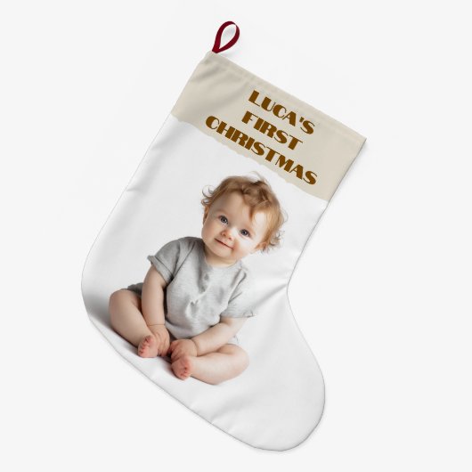 Baby's First Christmas Photo & Name Stocking Großer Weihnachtsstrumpf (Vorderansicht (hängend))