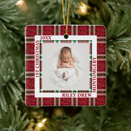 Baby's First Christmas Photo Plaid Keramikornament (Baum)