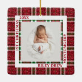 Baby's First Christmas Photo Plaid Keramikornament (Rückseite)