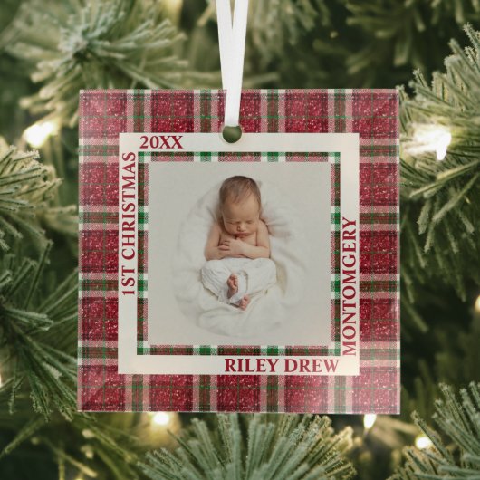 Baby's First Christmas Photo Plaid Ornament Aus Glas (Insitu)