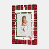 Baby's First Christmas Photo Plaid Ornament Aus Metall (Vorderseite links)
