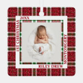 Baby's First Christmas Photo Plaid Ornament Aus Metall (Rückseite)