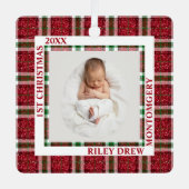Baby's First Christmas Photo Plaid Ornament Aus Metall (Vorderseite)