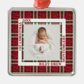 Baby's First Christmas Photo Plaid Ornament Aus Metall (Vorne)